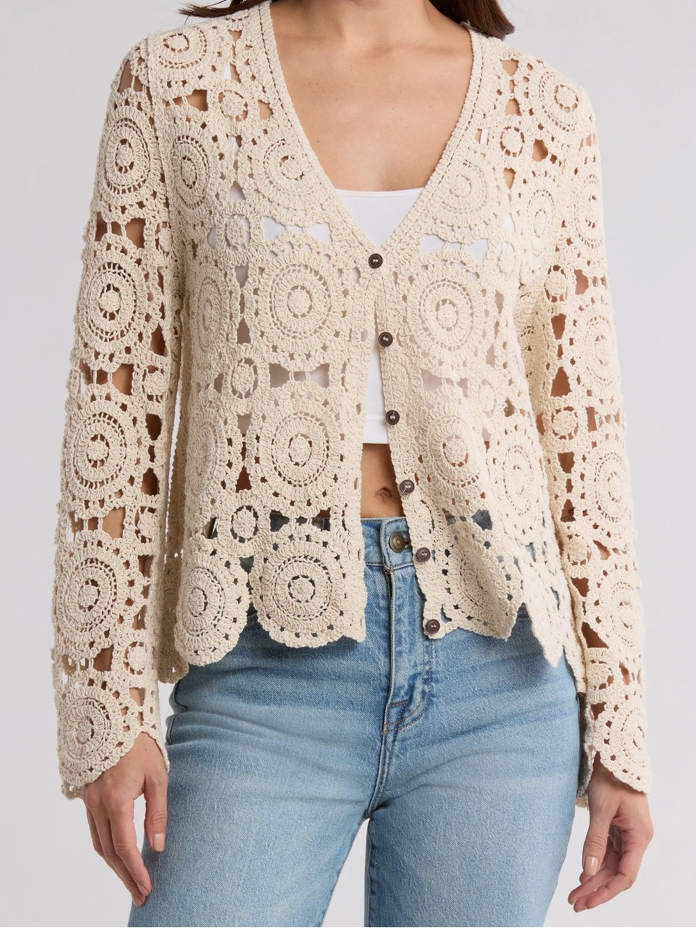 Forgotten Grace Crochet Knot Button Front Cardigan Sz XL Boho Scallop Hem Sleeve